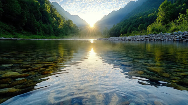 Sunrise river mist mountain valley calm reflection peaceful forest