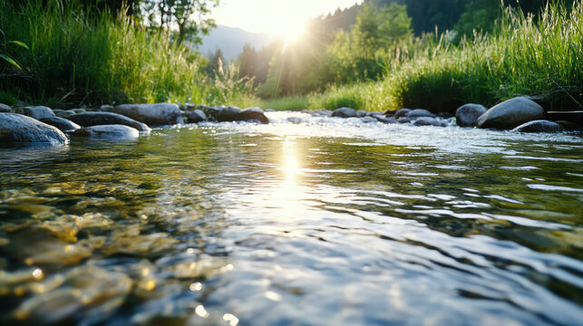 Mountain stream morning glow peaceful sun reflection on shallow water - Powered by Adobe