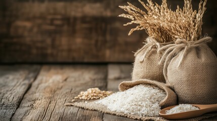 Golden Grain's Harvest: An eye-level shot captures the rustic elegance of harvest grains, spilling from burlap sacks and wooden spoon.