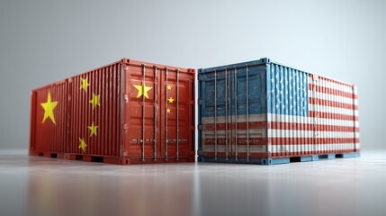 Trade Containers: A visual representation of international trade. Two shipping containers, one emblazoned with the flag of United States, symbolizing commerce between nations.