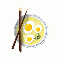 Bowl of Ramen with Hard-Boiled Eggs and Chopsticks