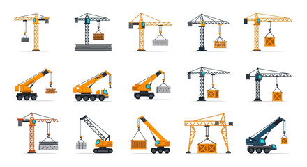 A diverse collection of industrial construction cranes including tower mobile and gantry types illustrated in a flat vector style.
