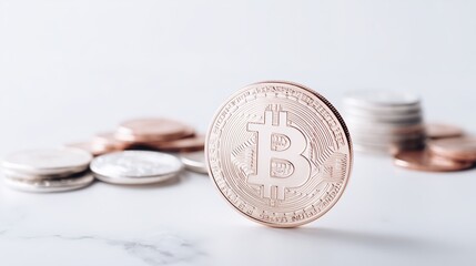 Bitcoin Concept: A detailed image of a single bitcoin coin, accompanied by a scattering of other coins. The coin, a symbol of the future, stands as a focal point.