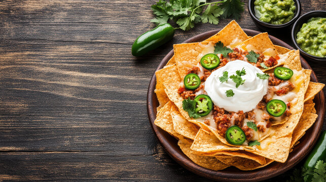 Loaded nachos with melted cheese jalapeno pico guacamole sour cream and cilantro