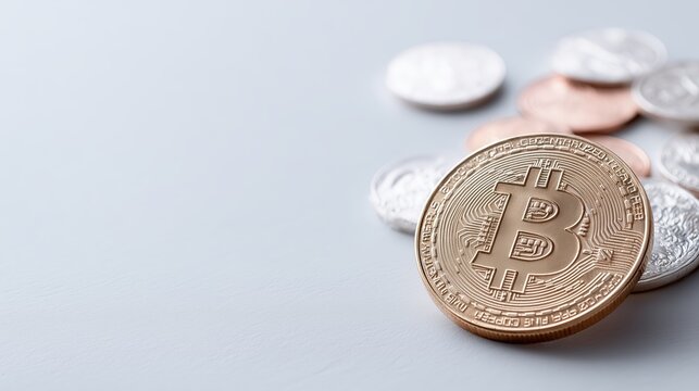 Bitcoin: Bitcoin, digital coin, representing the future of currency and financial innovation, resting on a surface. 