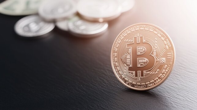 Bitcoin's Monetary Symbol: A close-up view of a gold Bitcoin, illuminated by a beam of light. showcasing the digital currency.