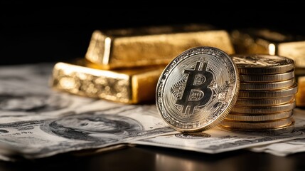Digital Gold and Physical Wealth: A close-up shot revealing a silver bitcoin coin, resting in the foreground alongside stacks of gold bars, US dollar bills.