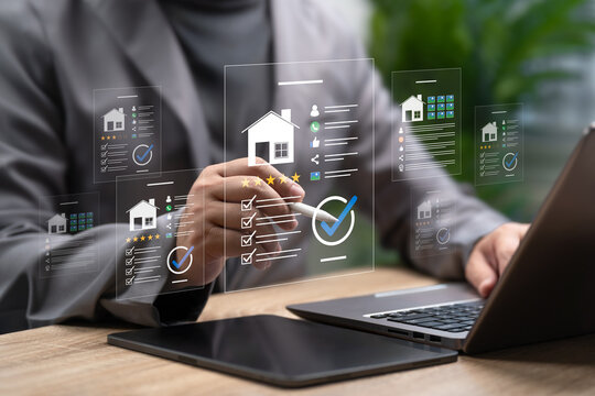 Real Estate Review and Rating Concept, Businessman Evaluating Property Investment, Online Housing Score, Transparent Real Estate Transactions, Profit Opportunities and Secure Property Ownership