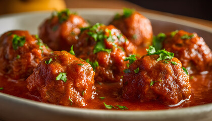 Fototapeta premium Dish of meatballs simmering in a red tomato based sauce Italian cuisine food