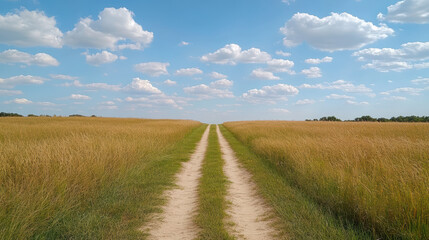 Obraz premium Dirt track through golden grass field under blue sky with fluffy clouds, serene rural landscape