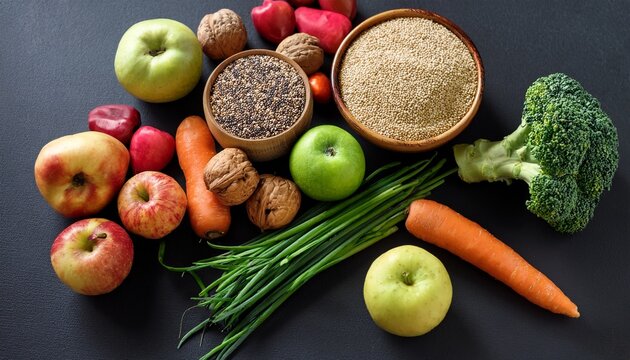 fresh vegetables on the table fresh vibrant broccoli carrots apples and grains arranged on a dark surface for healthy eating