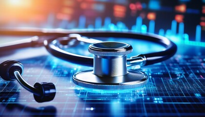 ultra quality image of stethoscope rests elegantly on a vibrant digital health data background symbolizing the fusion of medicine and technology for patient care
