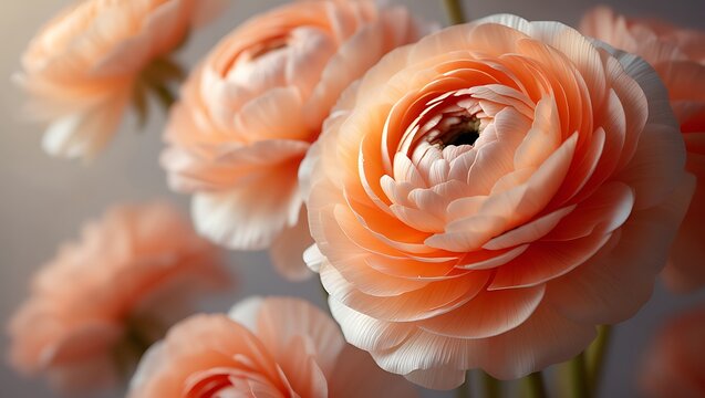 Closeup macro shot of delicate peach ranunculus flowers with soft, layered petals and a shallow depth of field, evoking a sense of romance and beauty