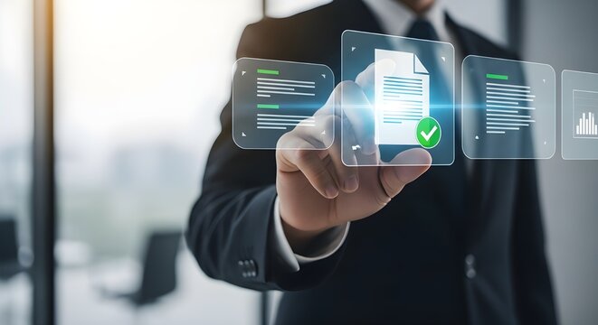 Businessman interacting with futuristic holographic interface displaying digital documents and data analysis