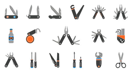 A flat design vector icon set of various multitools pocket knives pliers screwdrivers and other essential hand tools.