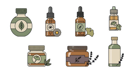 Illustrated set of herbal medicine bottles jars and droppers with natural plant ingredients.