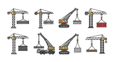 Set of Industrial Cranes Lifting Cargo Containers Vector Illustration.