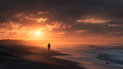 A Lone Figure's Walk into a Fiery Sunset on a Moody, Hazy Seashore.