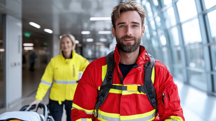 Paramedic in red jacket pushing stretcher through airport terminal, focused and determined