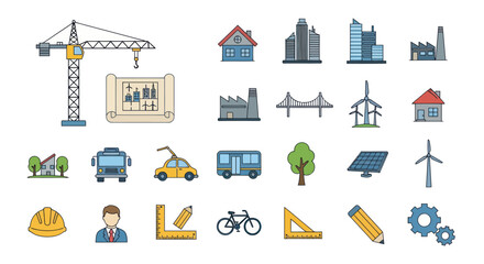Collection of Construction and Infrastructure Icons in Flat Design Style.