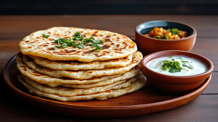 Flaky layered paratha stacked on wooden plate with yogurt dip and curry garnish