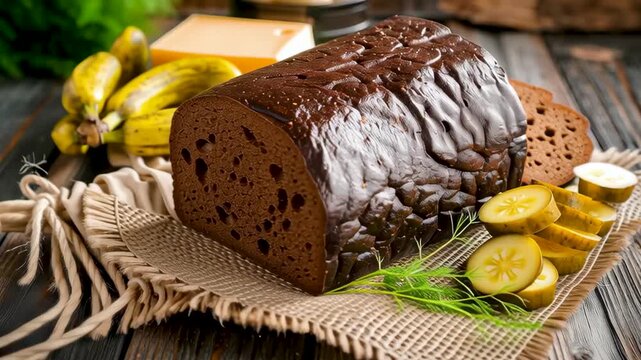 The Essence of Culinary Delight: Captivating shot showcasing a freshly baked loaf of artisanal bread alongside pickles, bananas, and cheese on a rustic wooden table.
