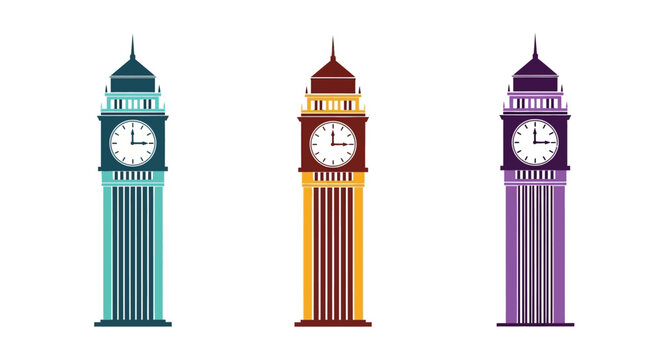 Three colorful depictions of big ben clock towers stand prominently displayed