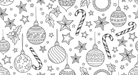 Elegant monochrome Christmas pattern with hand-drawn ornaments, candy canes, and stars. A versatile black and white seamless repeat with delicate linework