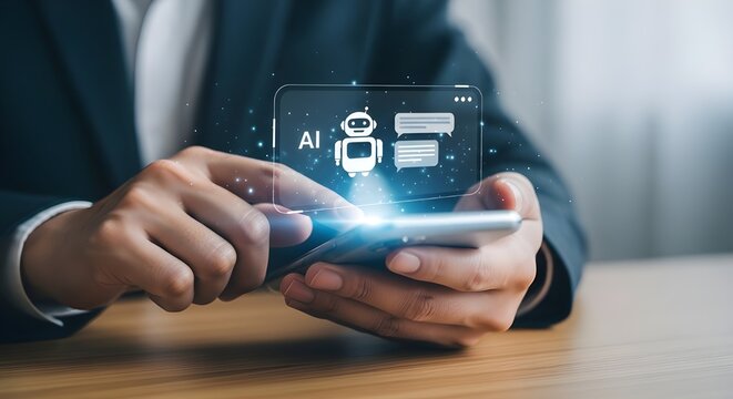 Close up of hands holding a smartphone with a holographic interface displaying ai chatbot and communication icons