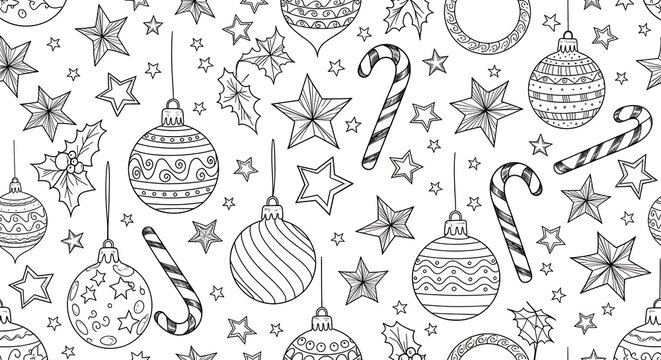 Elegant monochrome Christmas pattern with hand-drawn ornaments, candy canes, and stars. A versatile black and white seamless repeat with delicate linework