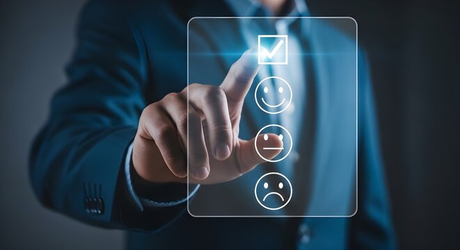 Customer satisfaction survey with a hand selecting a positive rating on a digital touch screen interface