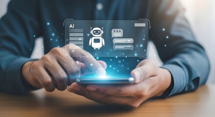 Person interacting with a futuristic artificial intelligence chatbot interface on a modern smartphone screen