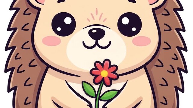Cute Hedgehog Holding a Flower Animation Growing in Size with Zoom Effect, isolated on White