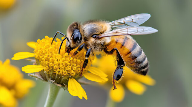 Honeybee on yellow daisy collecting pollen, close up macro with soft background