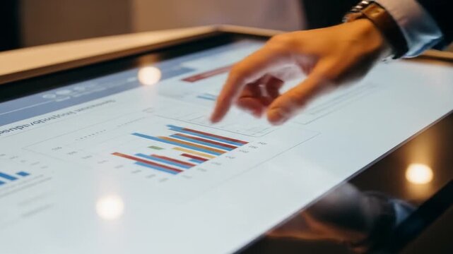 Analyzing business data on interactive touchscreen, modern corporate technology analyzing graphs - Powered by Adobe