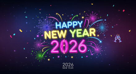 Fototapeta premium Illuminated 2026 New Year Greeting Card With Vibrant Neon Typography And Holiday Sparkles