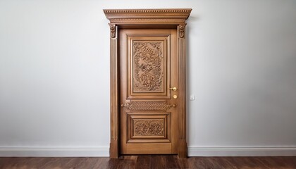 an ornate wooden interior door stands slightly ajar against a plain white wall