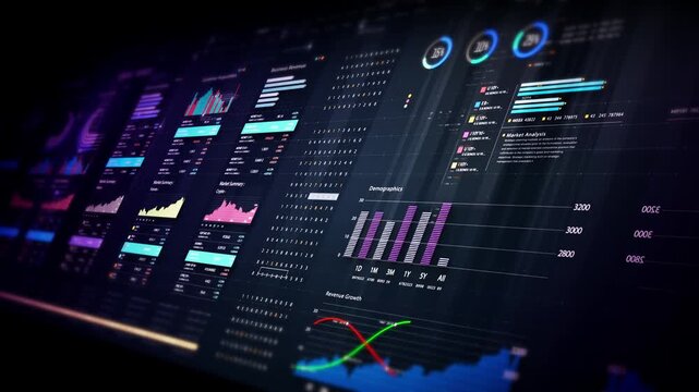 Futuristic financial trading dashboard motion background with glowing charts, analytics interface, stock market graphs, and real-time fintech data visualization design - Powered by Adobe