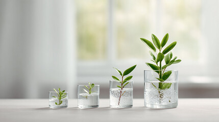 Growth stages of a plant in glass vases. Concept for development, progress, success, investment, or education. Clean, bright, minimalist style. Great for web banners.