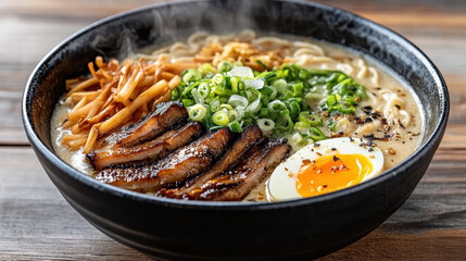 Rich tonkotsu ramen bowl with chashu pork, soft egg and scallion garnish