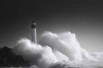 Dramatic black and white seascape featuring a stoic lighthouse battling powerful waves. Symbolizes resilience, guidance, or solitude. Perfect for impactful visuals.