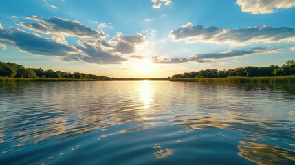 Sunset lake reflection clouds tranquil water calm horizon
