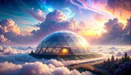 A surreal landscape depicting a glass dome structure above a sea of clouds. A path leads to the structure amidst trees. A vibrant sky fills the background