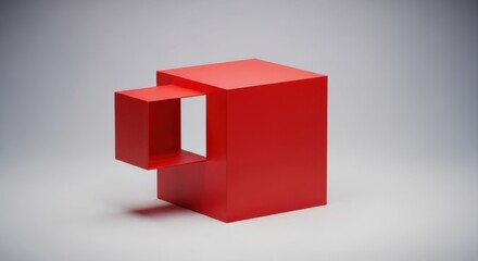 Minimalist red cubist coffee mug sculpture on a light gray background