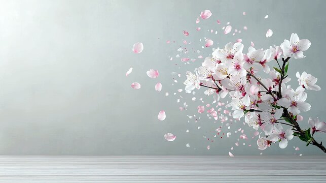 A branch of delicate white and pink cherry blossoms is shown with many petals falling and scattering around it.