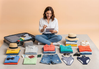 Smiling young woman planning her summer vacation, sitting on the floor with a tablet surrounded by organized stacks of colorful clothes and travel items for her trip.