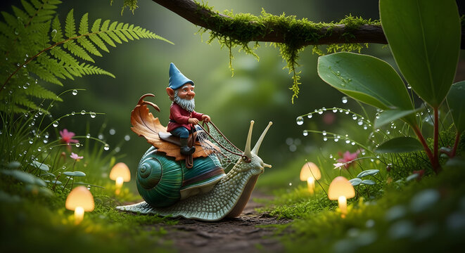Fantasy illustration of gnome riding snail with mushrooms on forest background