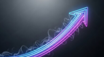 Bright neon arrow ascending with glowing trails on dark textured background