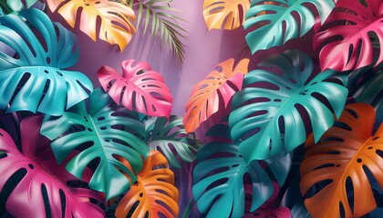 Exotic plants with bold rainbow colors, arranged in a tropical layout mockup. Painted