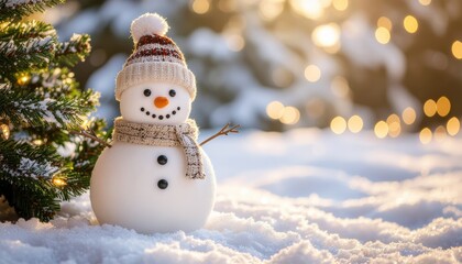 Cheerful snowman in winter wonderland outdoor christmas scene snowy landscape soft natural light warm holiday vibes captured in high resolution photography